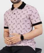 Men printed polo neck polyester pink t-shirt