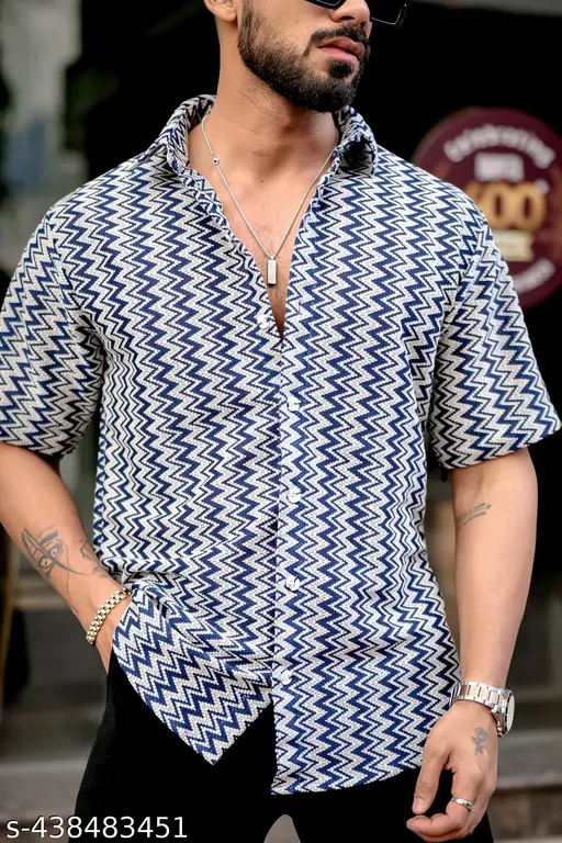Navy zig-zag striped crochet shirt
