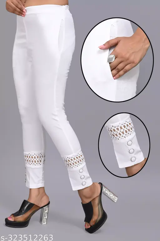 St fashion regular fit slub lycra soft and strachable lace designed ankle side button trending jeggings/joggers/plazzo pant/trouser for women/girls/ladies white thigh